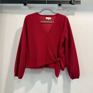 Madewell crepe blouse, v-neck wrap style with self tie at waist. Deep red, med